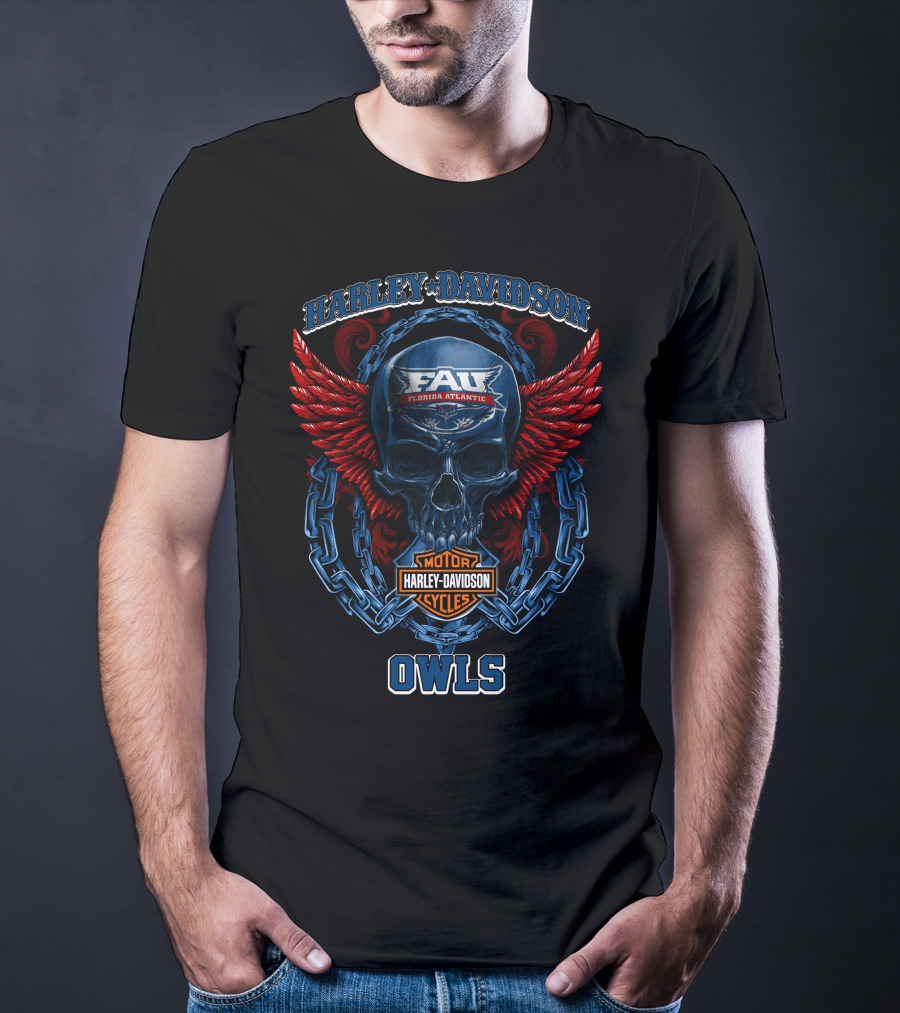 Harley Davidson Florida Atlantic Fau Owls Skull And Wings T-Shirt