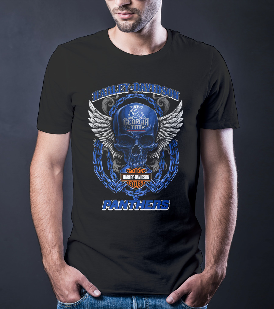 Harley Davidson Georgia State Panthers Motorcycles Skull Wings T-Shirt