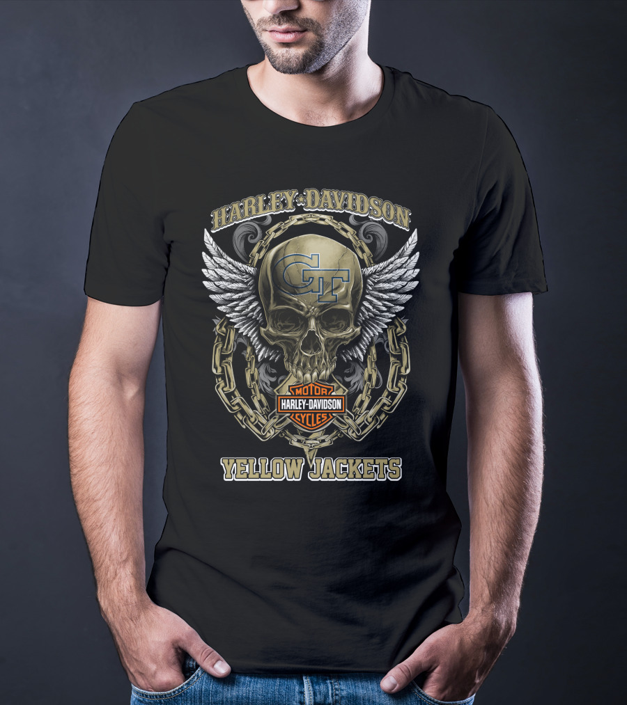 Harley Davidson Georgia Tech Gt Yellow Jackets Skull Wings Chains T-Shirt