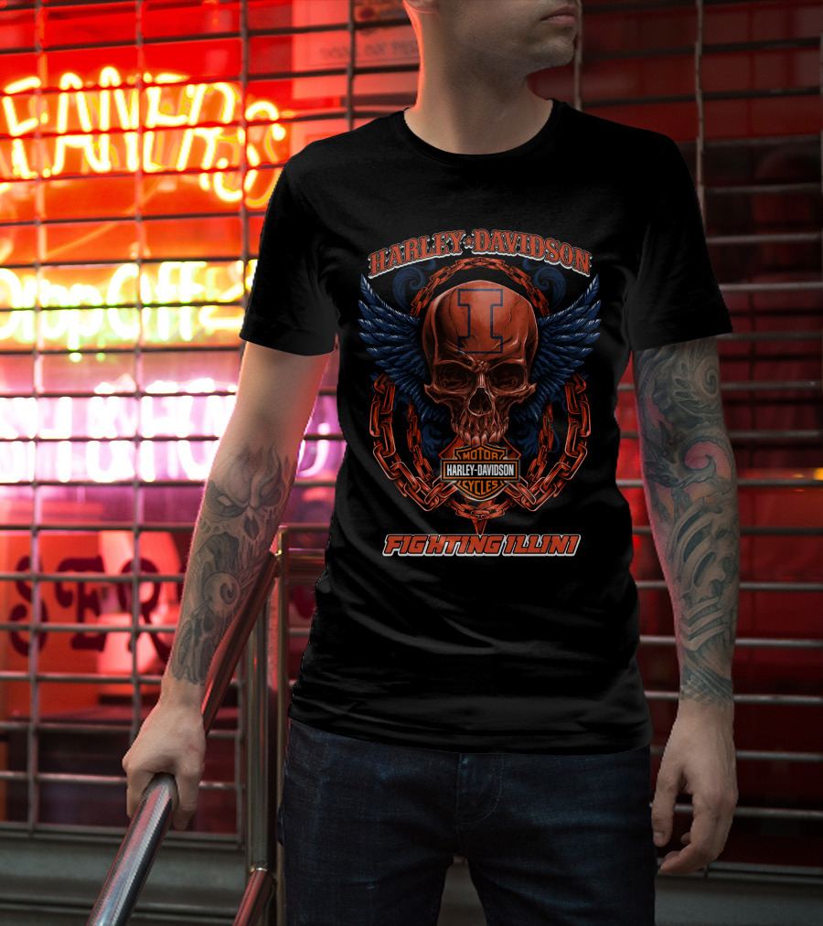 Harley Davidson Motorcycles Illinois Fighting Illini Skull With Wings T-Shirt
