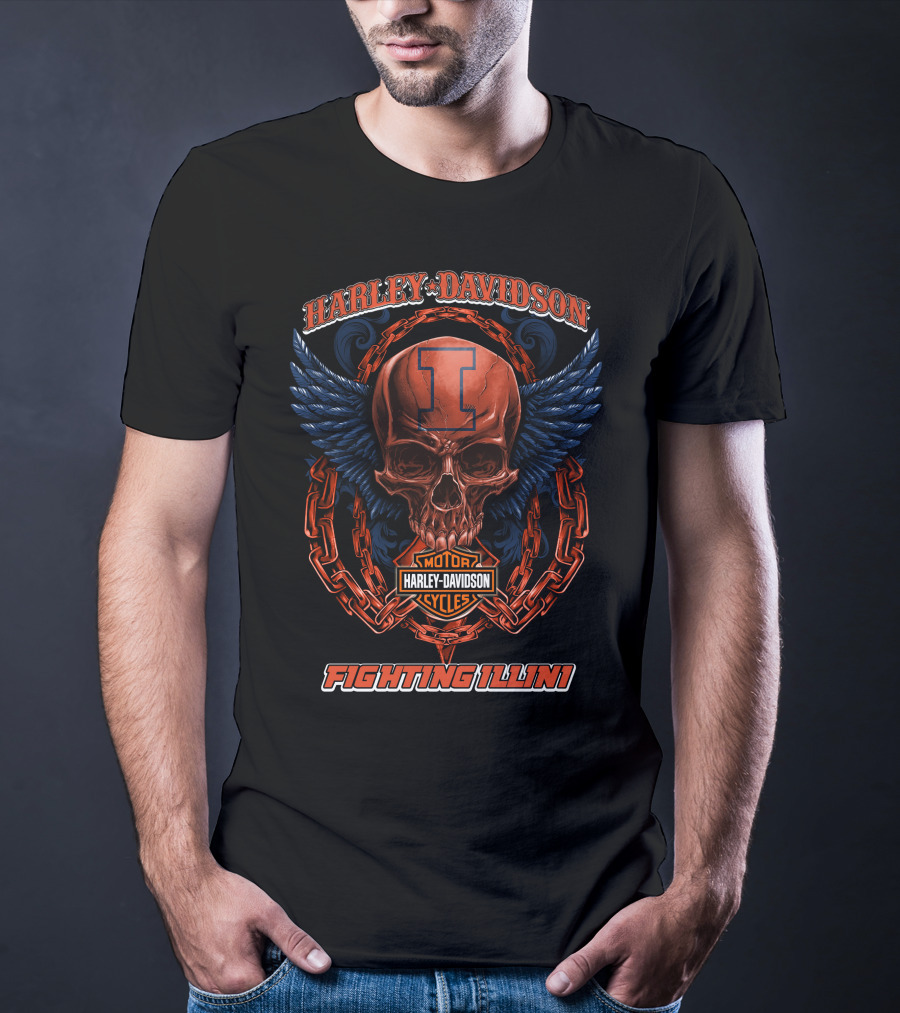 Harley Davidson Motorcycles Illinois Fighting Illini Skull With Wings T-Shirt