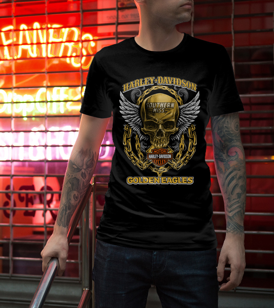 Harley Davidson Southern Miss Golden Eagles Motor Cycles Skull Wings Chains T-Shirt