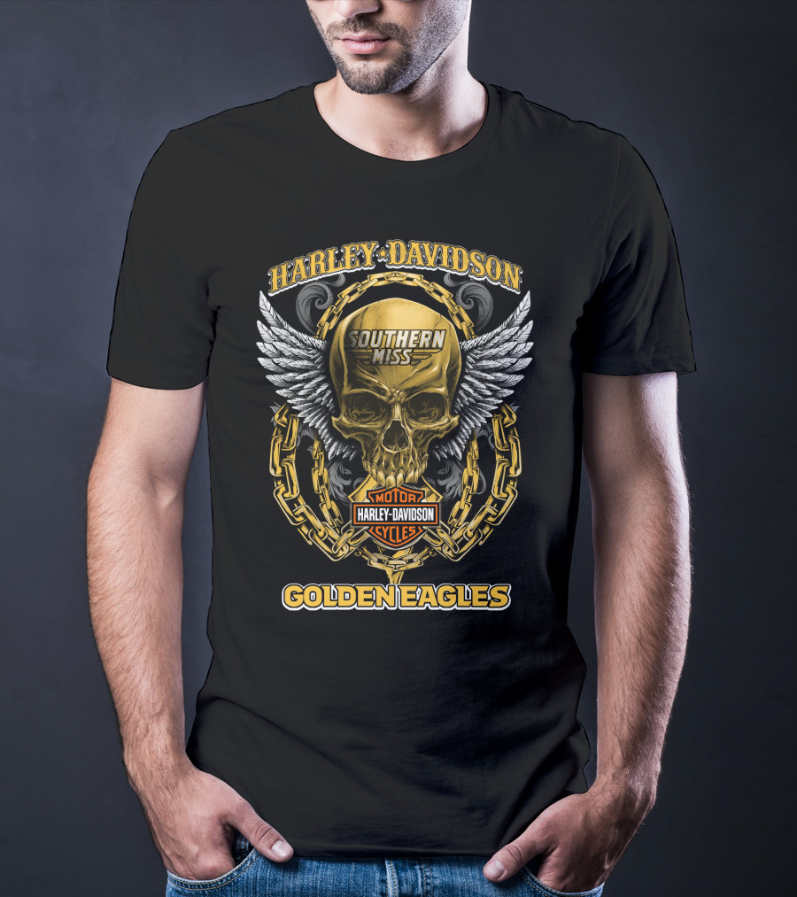 Harley Davidson Southern Miss Golden Eagles Motor Cycles Skull Wings Chains T-Shirt