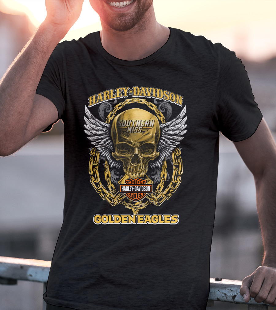 Harley Davidson Southern Miss Golden Eagles Motor Cycles Skull Wings Chains T-Shirt