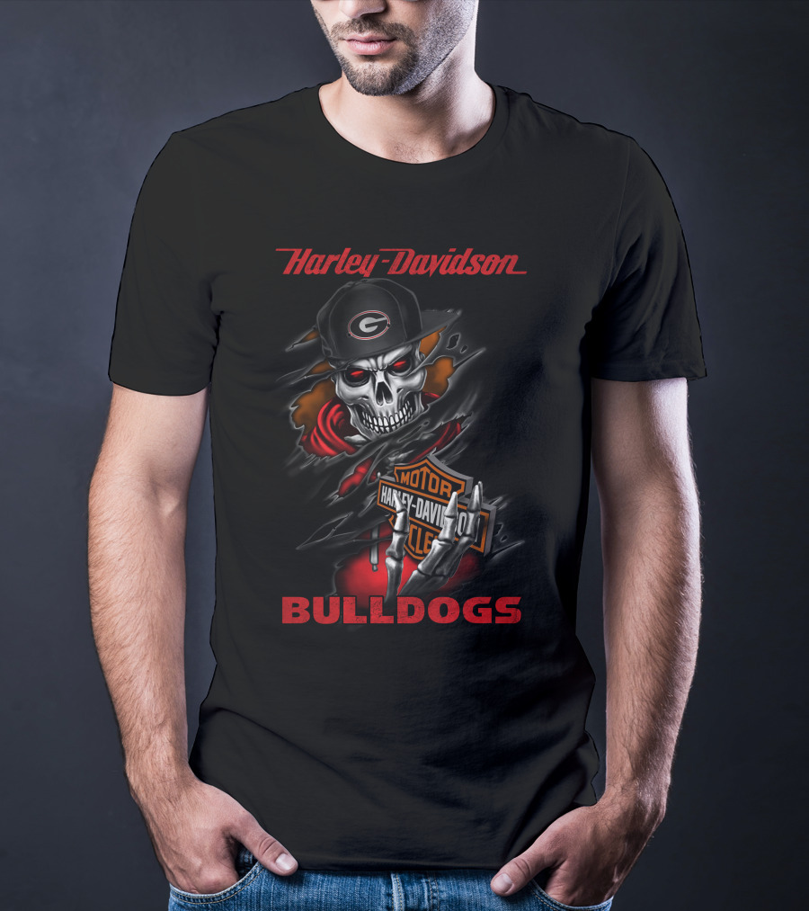 Harley Davidson Georgia Bulldogs Skull With Cap T-Shirt