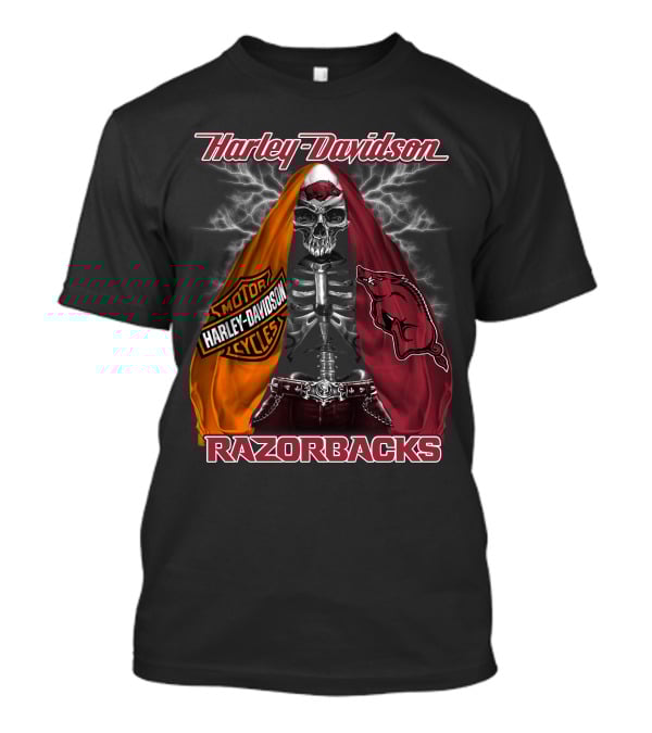 Harley Davidson Razorbacks Motorcycle Skeleton Lightning T-Shirt