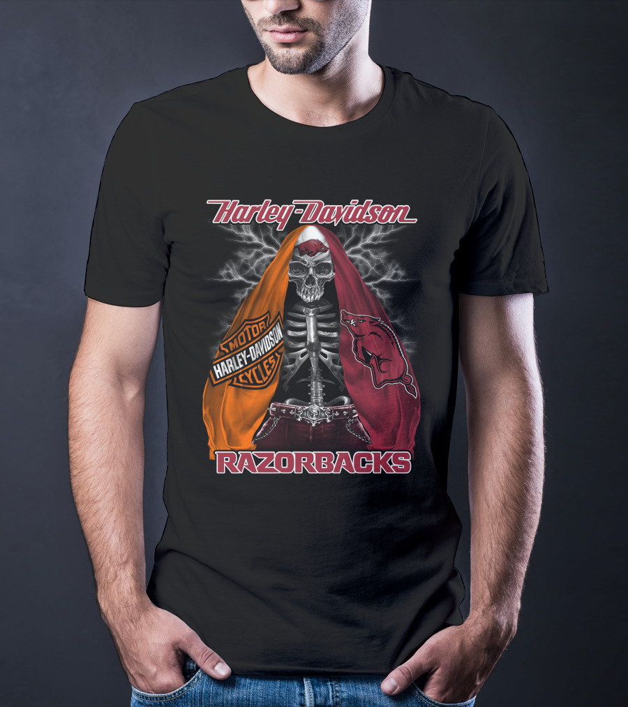 Harley Davidson Razorbacks Motorcycle Skeleton Lightning T-Shirt
