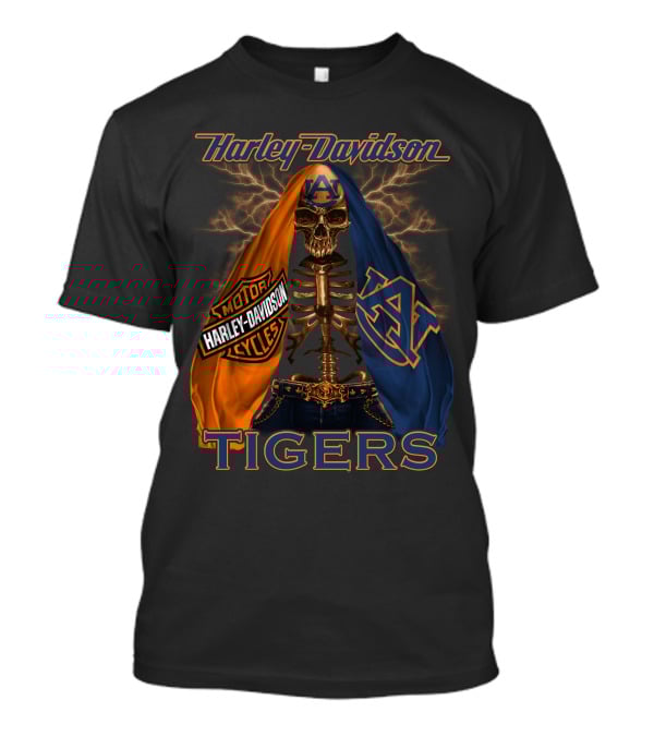 Harley Davidson Auburn Tigers Skeleton Dual Flag T-Shirt