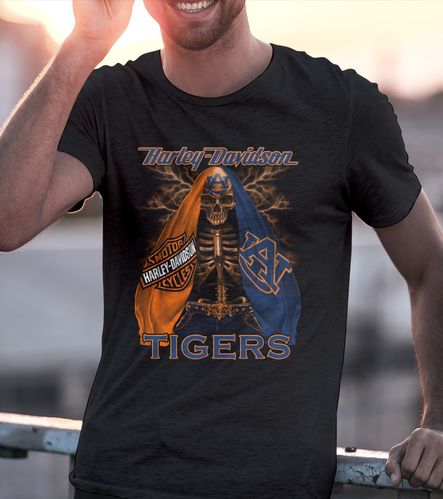Harley Davidson Auburn Tigers Skeleton Dual Flag T-Shirt
