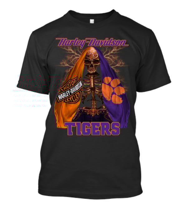 Harley Davidson Motorcycles Clemson Tigers Skull And Lightning T-Shirt