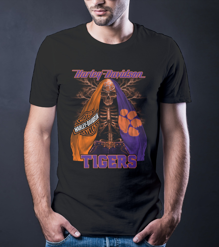 Harley Davidson Motorcycles Clemson Tigers Skull And Lightning T-Shirt