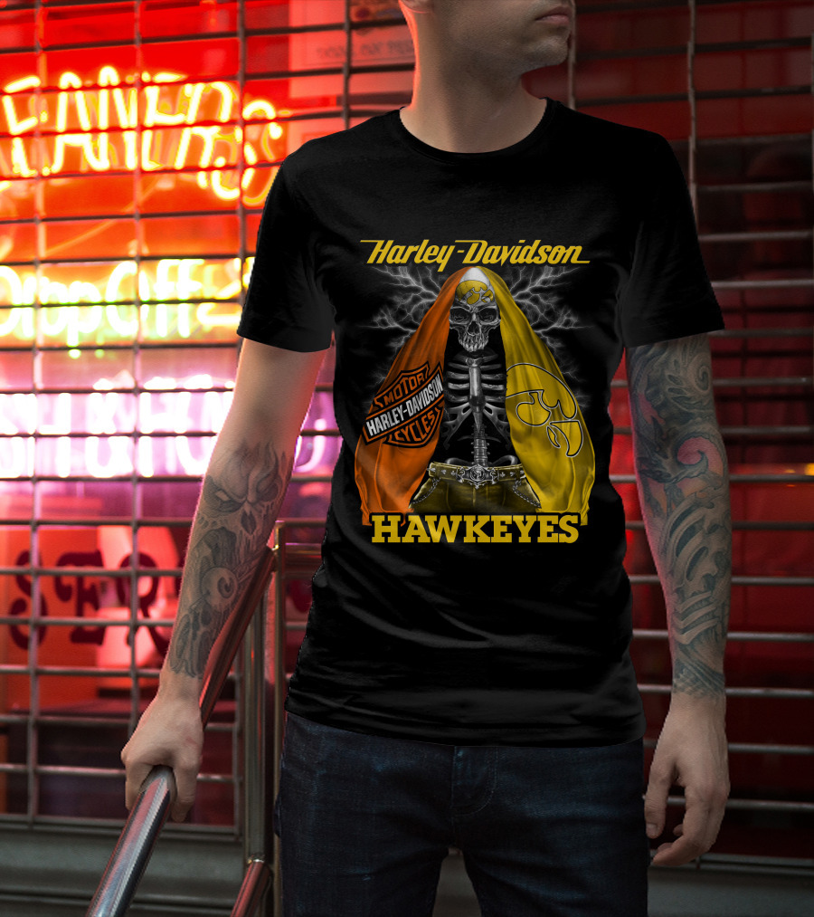 Harley Davidson Iowa Hawkeyes Skull Skeleton With Orange Yellow Flags And Hawkeyes T-Shirt