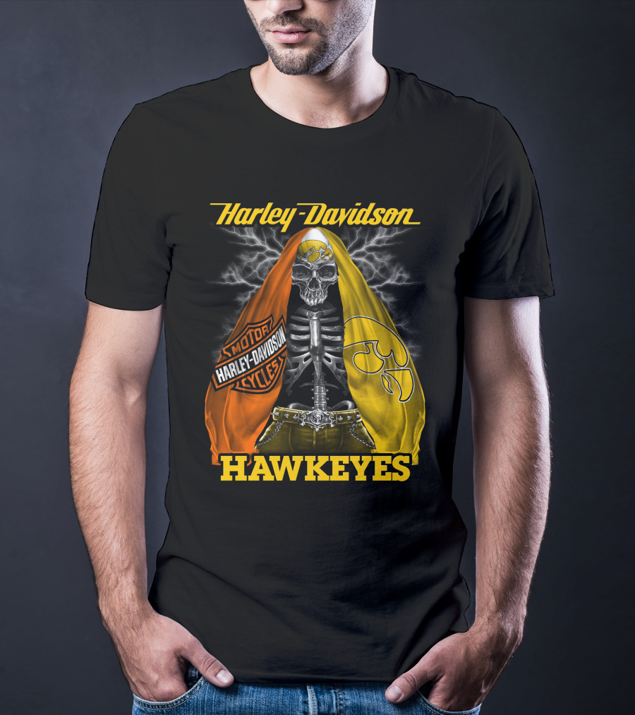 Harley Davidson Iowa Hawkeyes Skull Skeleton With Orange Yellow Flags And Hawkeyes T-Shirt