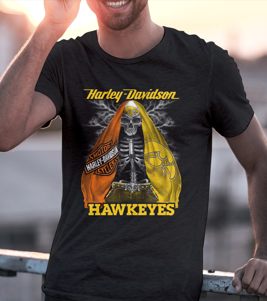 Harley Davidson Iowa Hawkeyes Skull Skeleton With Orange Yellow Flags And Hawkeyes T-Shirt