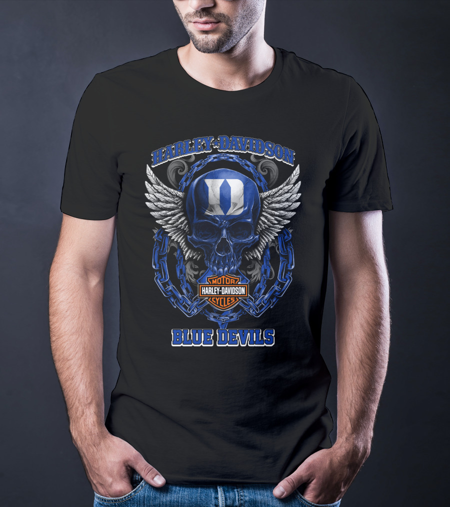 Harley Davidson Blue Devils Duke Skull Wings Chain T-Shirt
