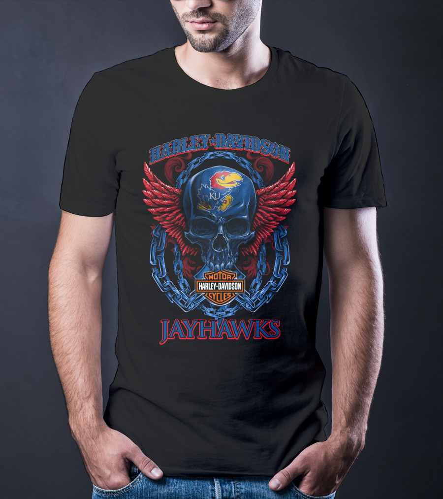 Harley Davidson Ku Jayhawks Skull Wings And Chains T-Shirt