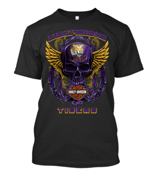 Harley Davidson Motor Cycles Lsu Tigers Skull And Wings T-Shirt