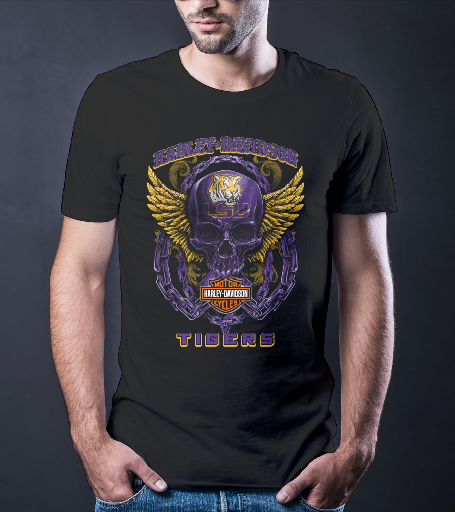 Harley Davidson Motor Cycles Lsu Tigers Skull And Wings T-Shirt