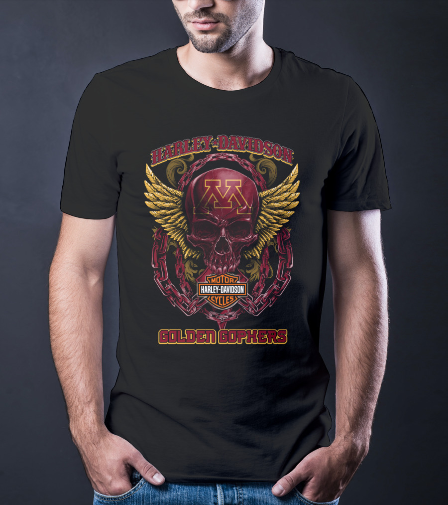 Harley Davidson Minnesota Golden Gophers Skull Wings Motorcycle Chains T-Shirt