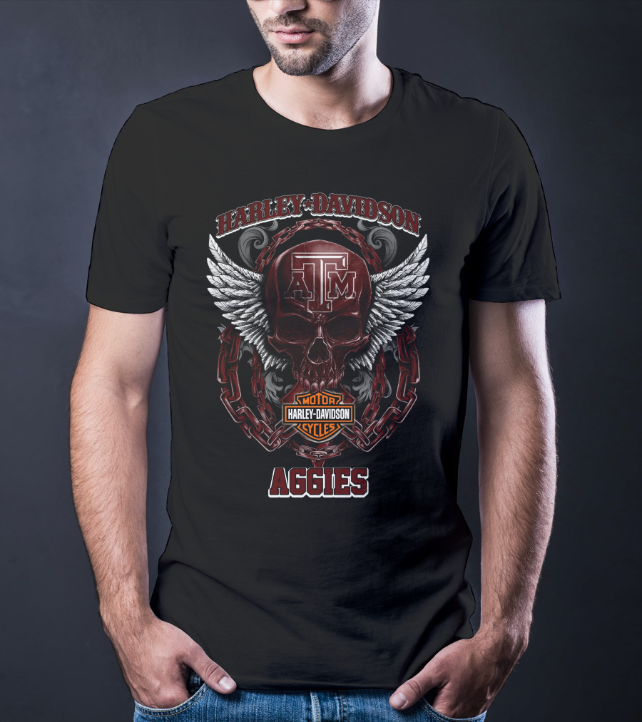 Harley Davidson Texas A&M Aggies Motorcycles Logo With Skull And Wings T-Shirt