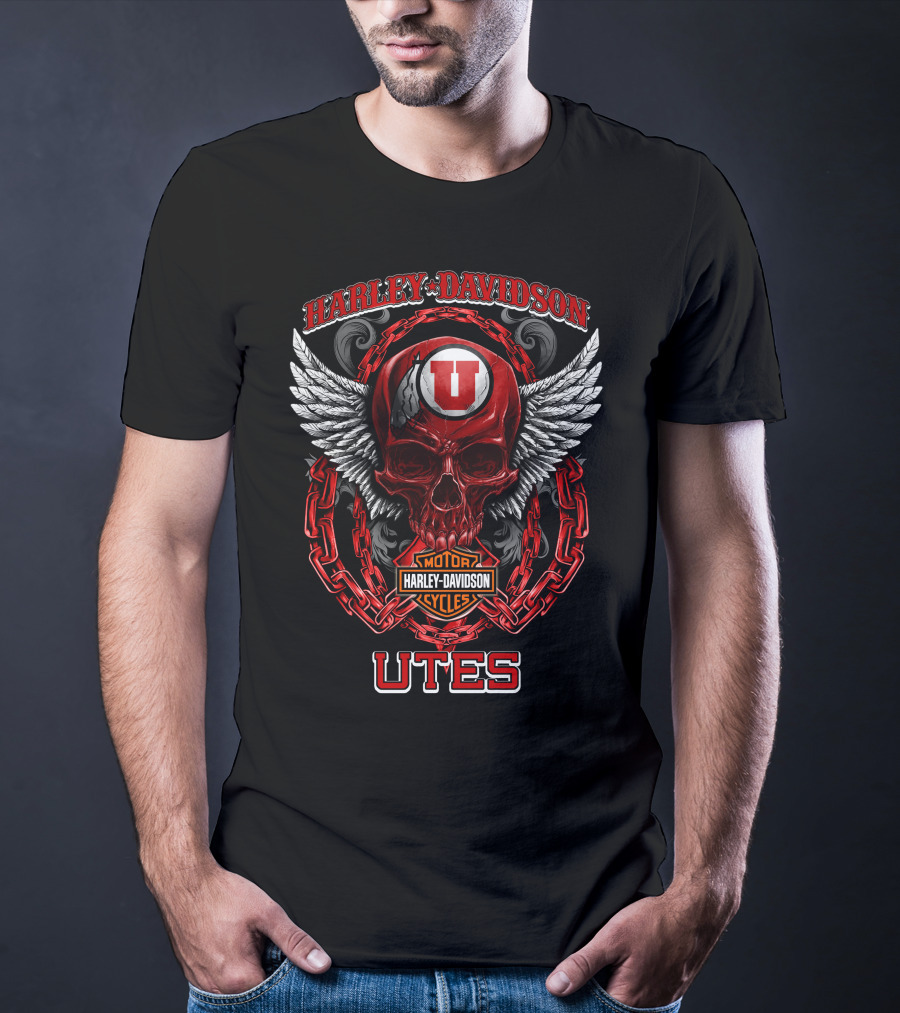 Harley Davidson Utah Utes Red Skull Wings Chains T-Shirt