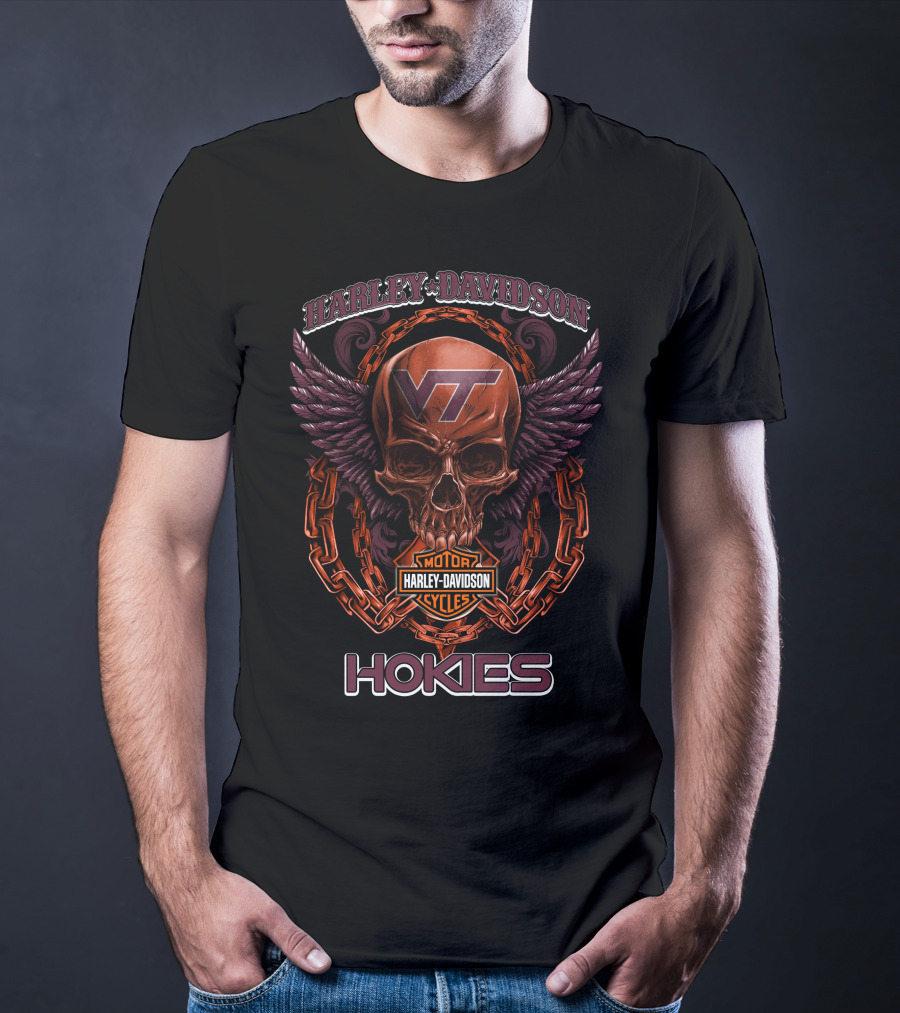 Harley Davidson Vt Motorcycles Hokies Skull Chain Wings T-Shirt