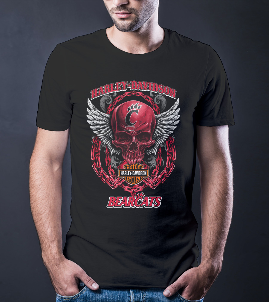 Harley Davidson Motor Cycles Cincinnati Bearcats Skull With Wings And Chains T-Shirt