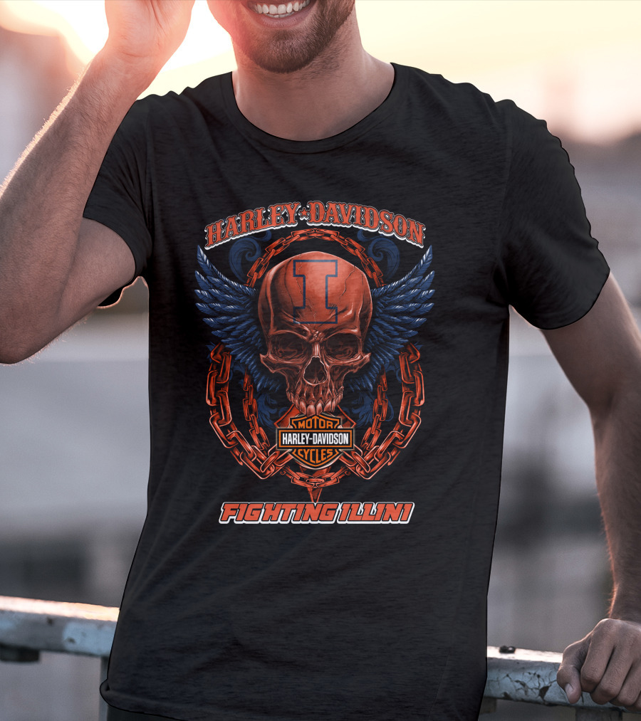 Harley Davidson Illinois Fighting Illini Skull Winged Chain T-Shirt