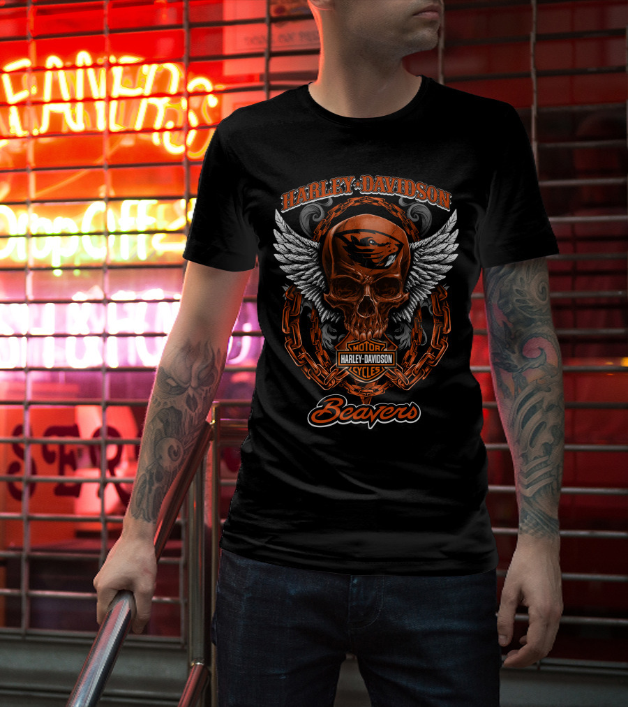 Harley Davidson Oregon State Beavers Skull Motor Cycles T-Shirt