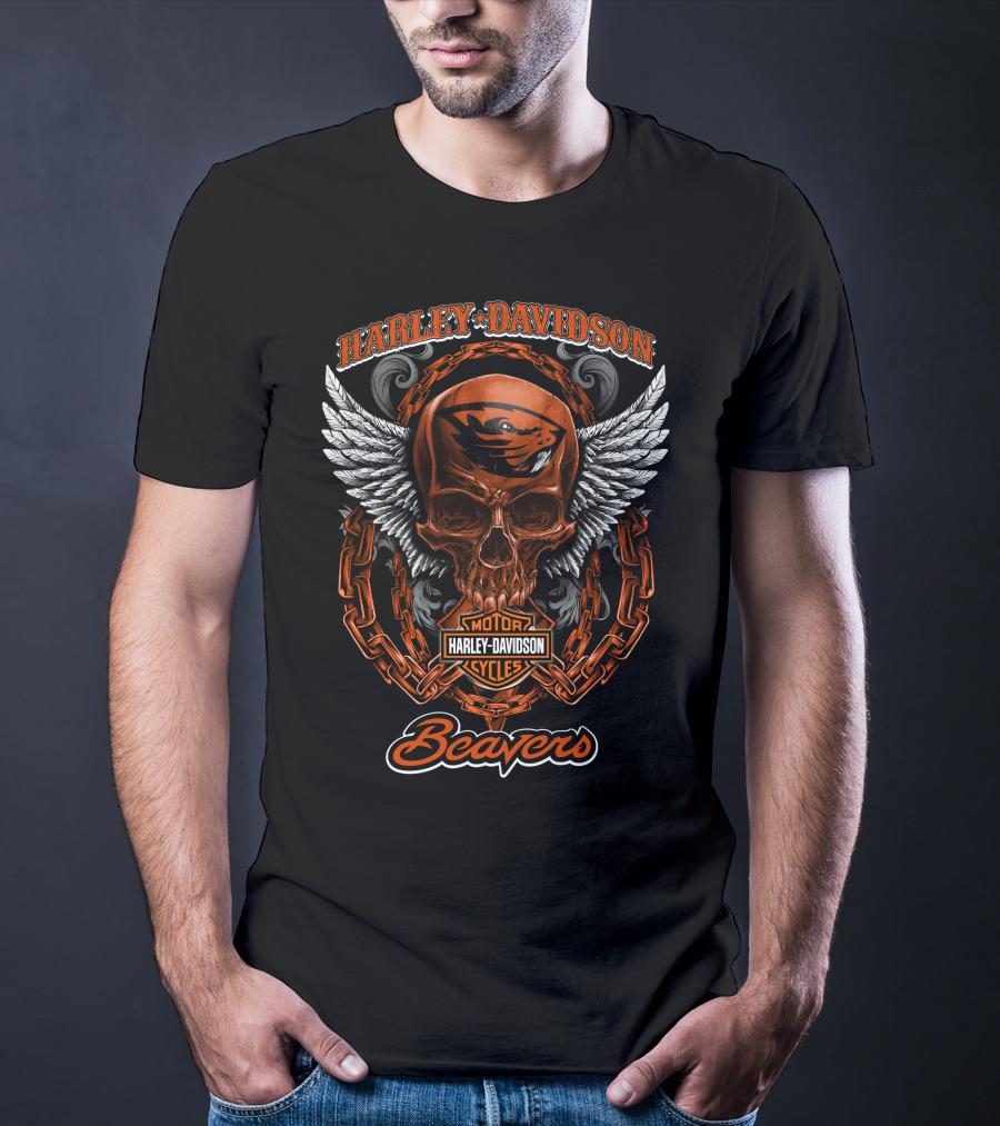 Harley Davidson Oregon State Beavers Skull Motor Cycles T-Shirt