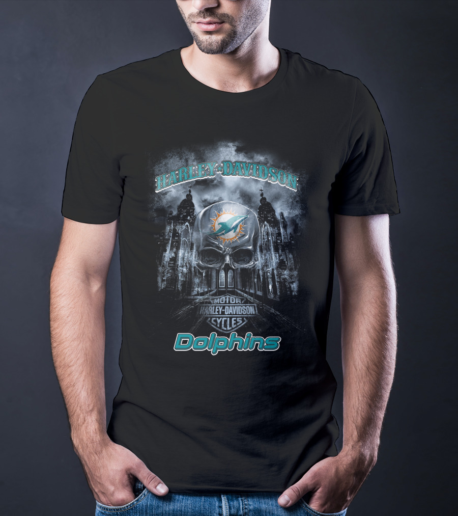 Harley Davidson Miami Dolphins Nfl Skull Motor Cycles T-Shirt