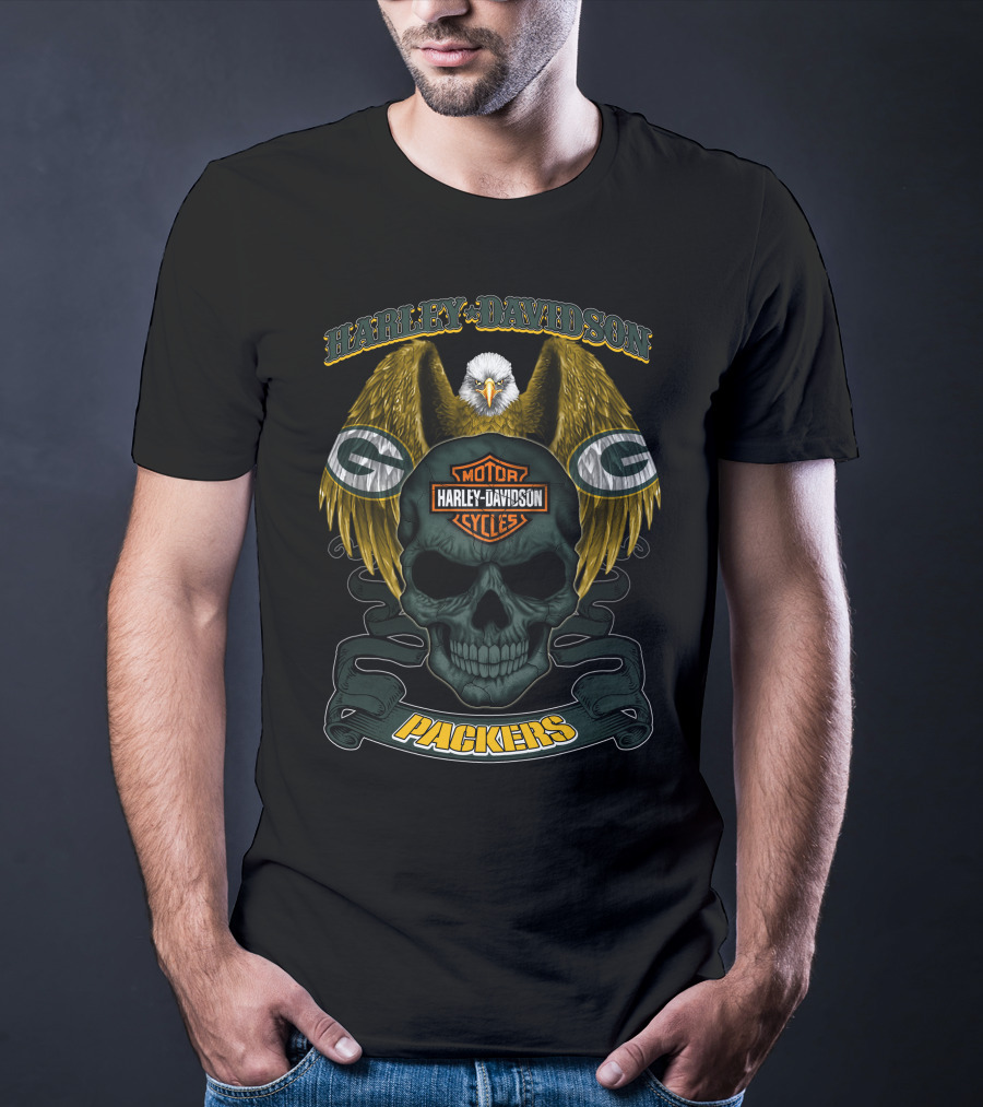 Harley Davidson Green Bay Packers Skull And Eagle T-Shirt