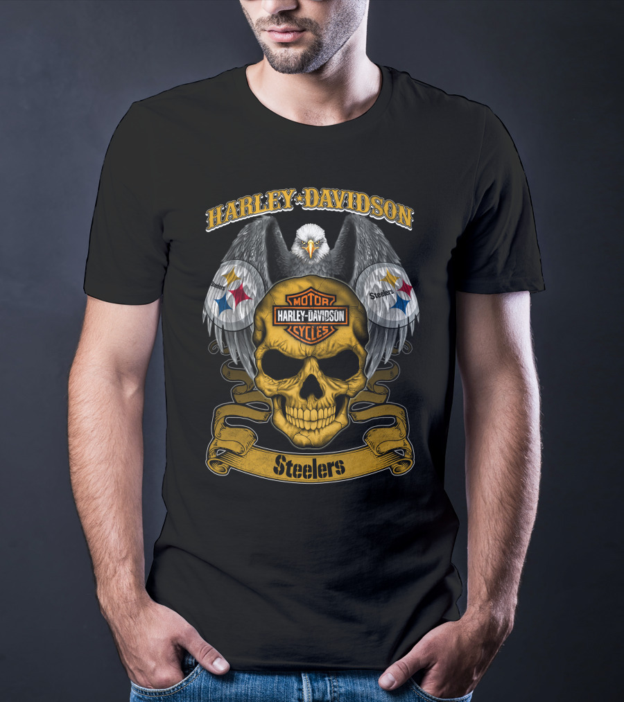 Harley Davidson Motor Cycles Pittsburgh Steelers Eagle Skull T-Shirt