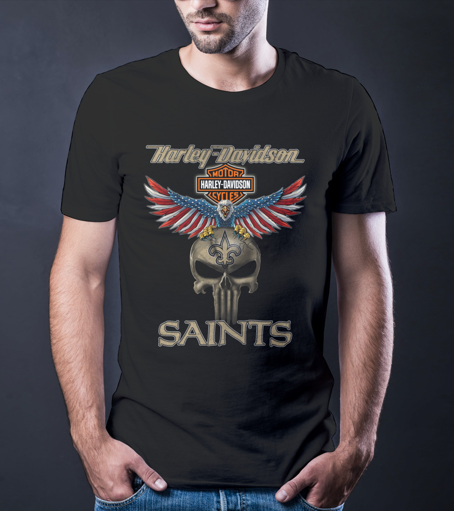 Harley Davidson Motor Cycles Eagle Skull Fleur-De-Lis Saints T-Shirt