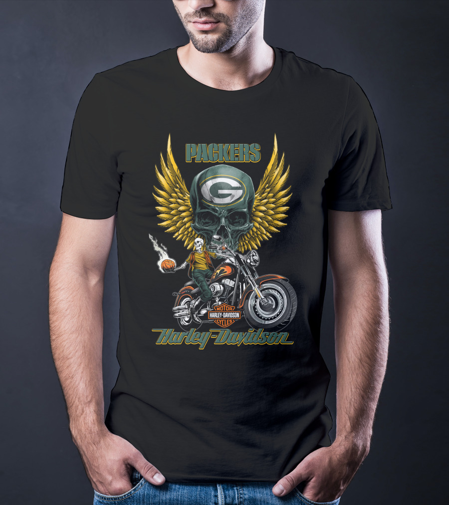 Packers Harley Davidson Motorcycles Green Bay Nfl Skull Winged T-Shirt