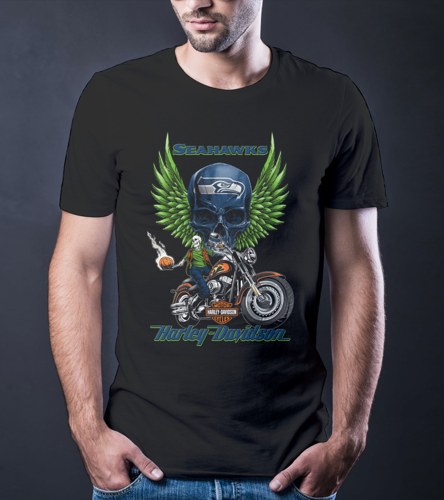 Seahawks Harley Davidson Motorcycles Green Wings Skull Rider Nfl Seattle T-Shirt