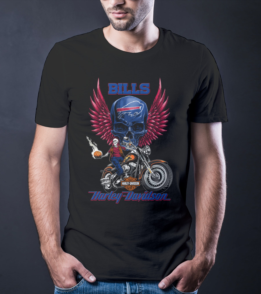 Bills Harley Davidson Motorcycle Skull Wings Nfl Buffalo Riders T-Shirt