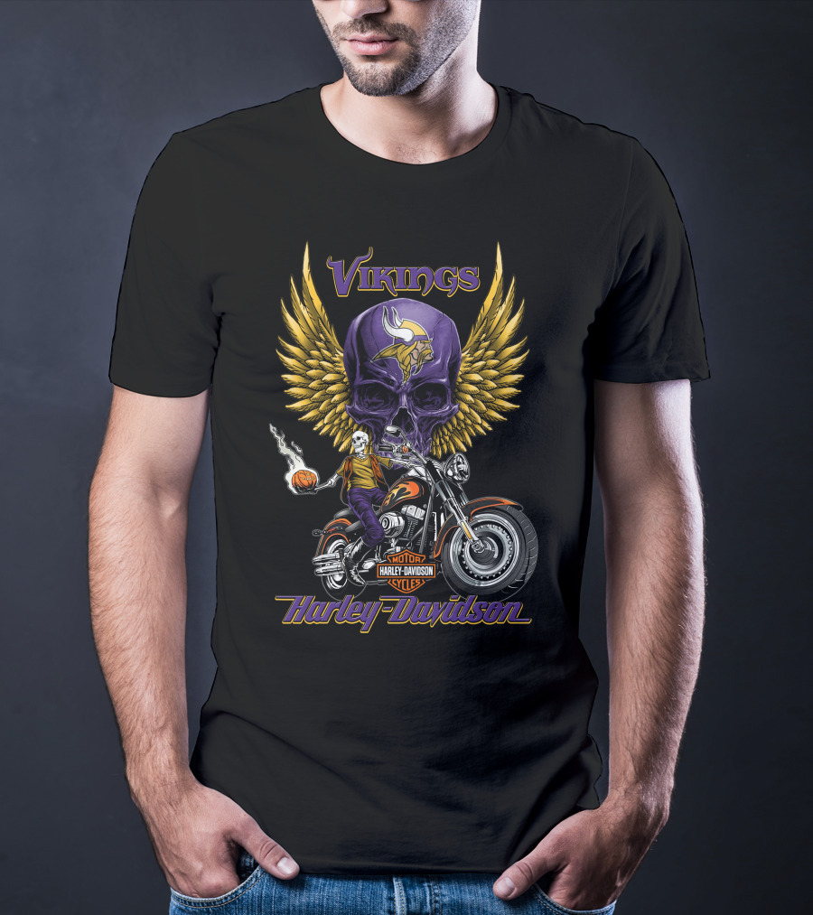 Vikings Harley Davidson Motorcycle Skull And Wings Nfl Minnesota T-Shirt
