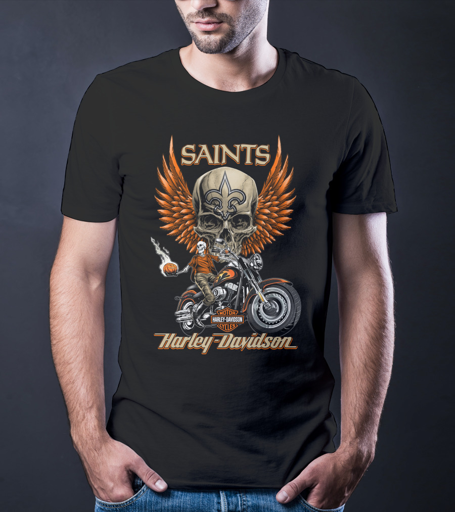 Saints Harley Davidson Motorcycles Nfl New Orleans Skull Wings T-Shirt