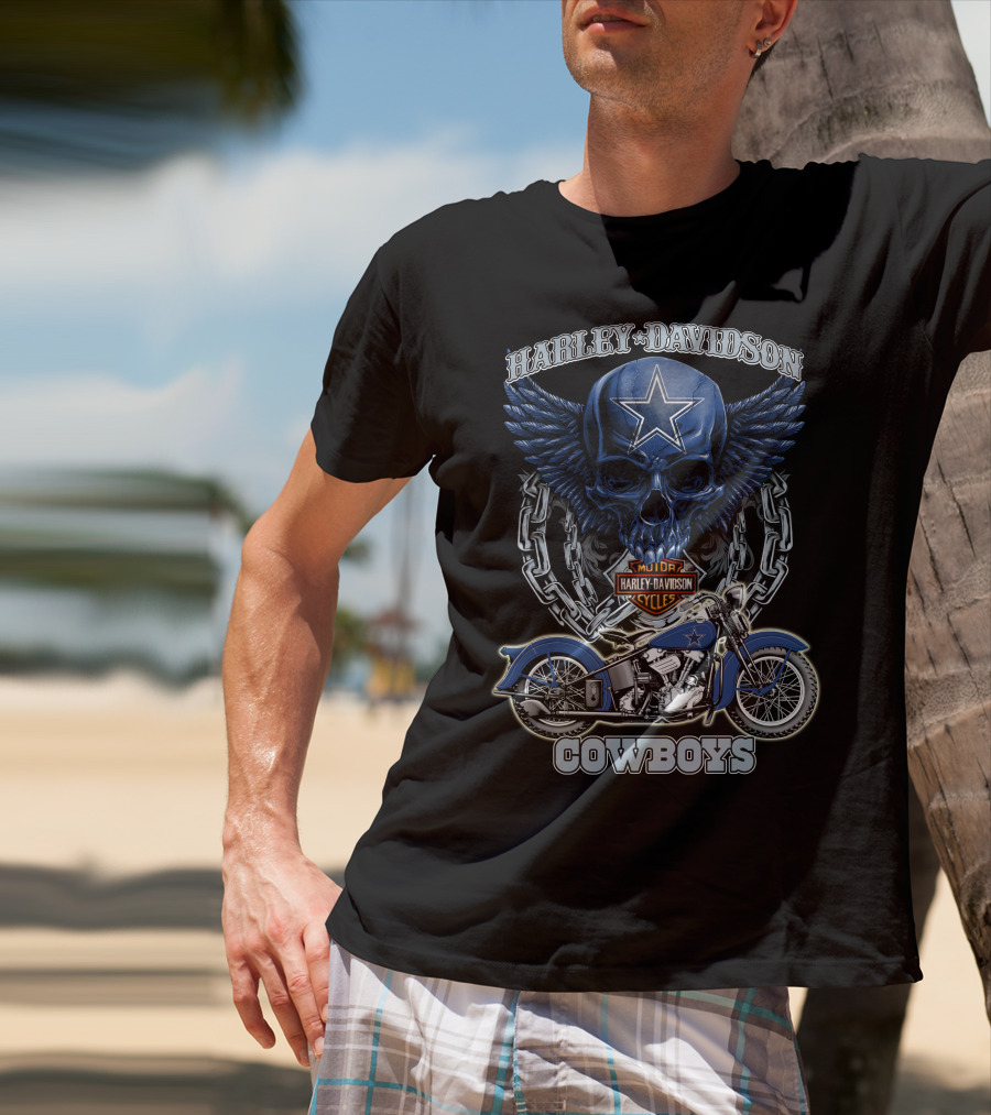 Harley Davidson Cowboys Nfl Dallas Cowboys Motorcycle Skull T-Shirt