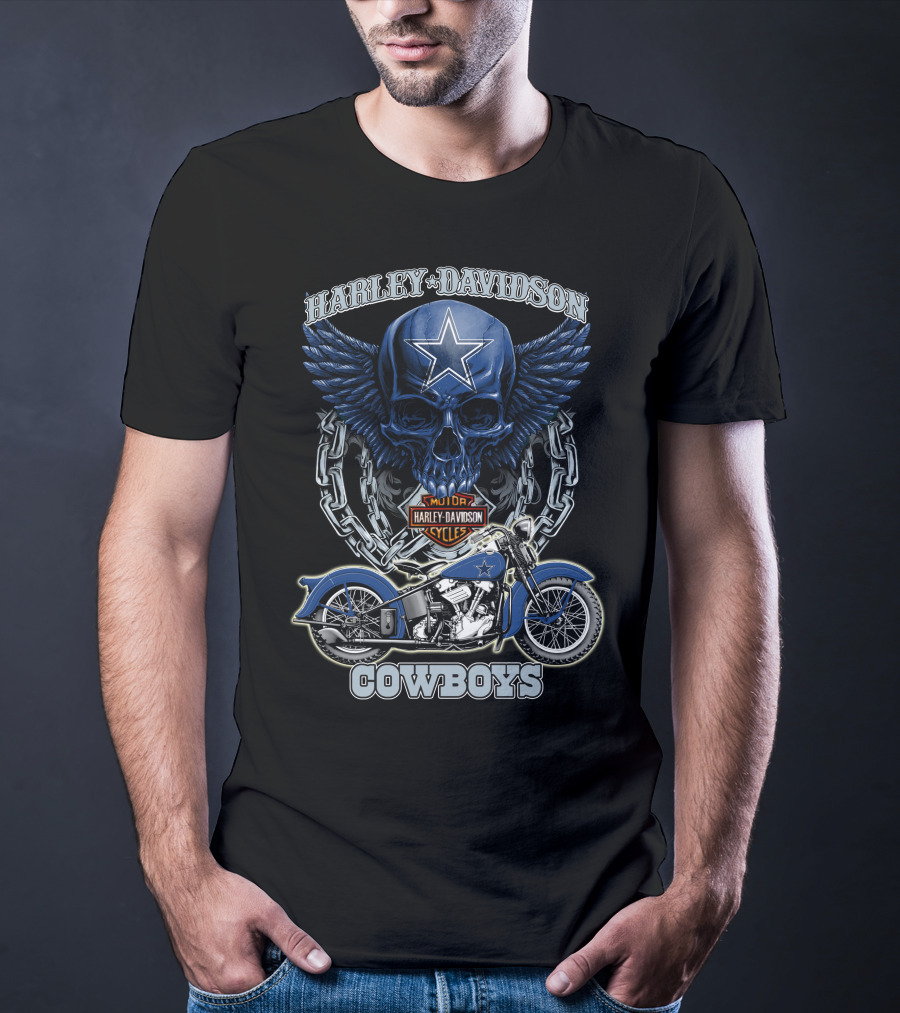 Harley Davidson Cowboys Nfl Dallas Cowboys Motorcycle Skull T-Shirt