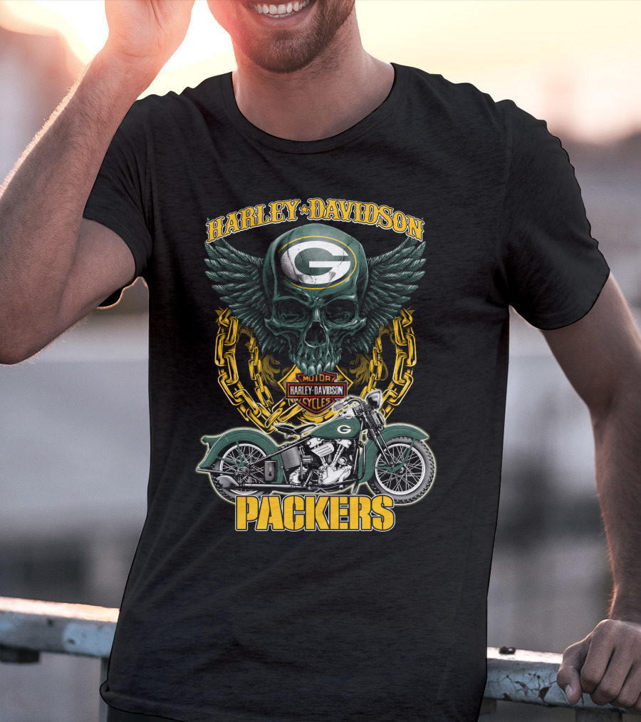 Harley Davidson Green Bay Packers Motorcycle Skull Nfl Packers T-Shirt