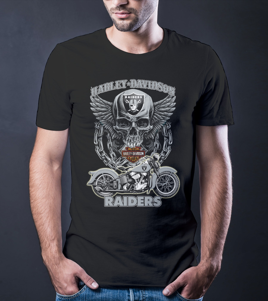 Harley Davidson Raiders Skull And Motorcycle Nfl Las Vegas Raiders T-Shirt