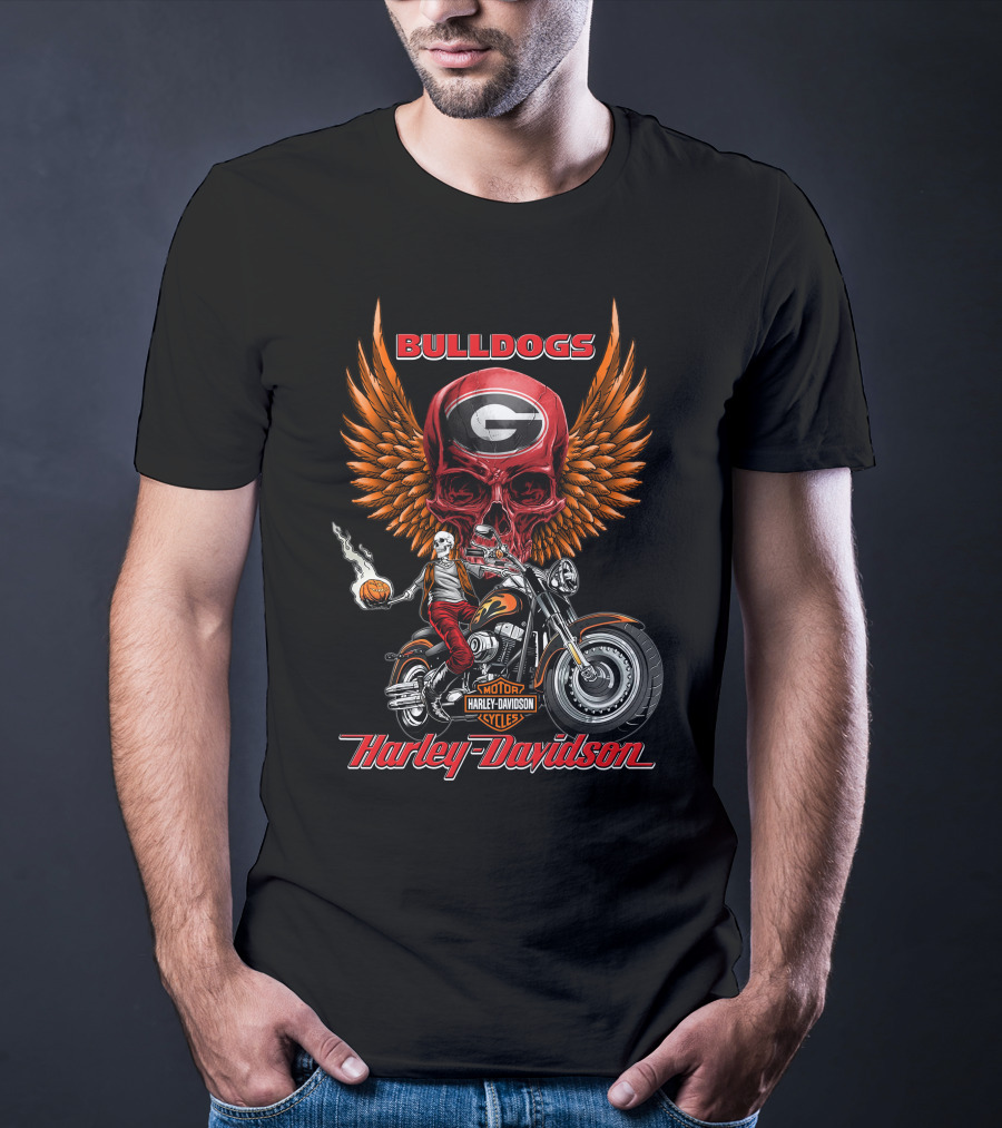 Bulldogs Harley Davidson Georgia Motorcycle Skull Wings T-Shirt