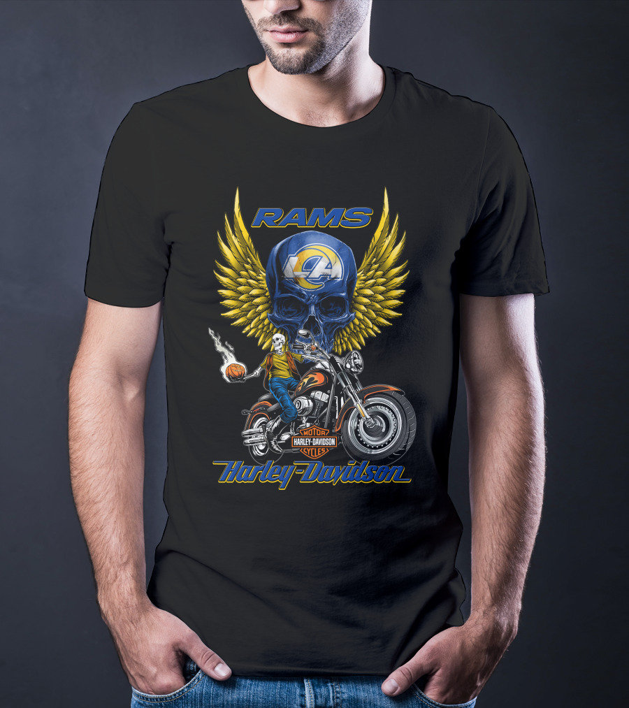 Harley Davidson Rams Skull With Los Angeles Nfl Motorcycle And Flaming Ball T-Shirt