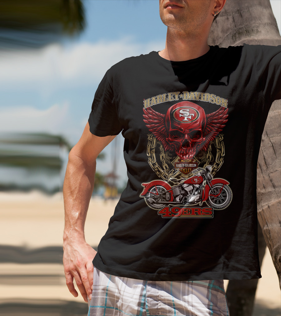 San Francisco 49ers Harley Davidson Motorcycle Skull Design Nfl 49ers T-Shirt
