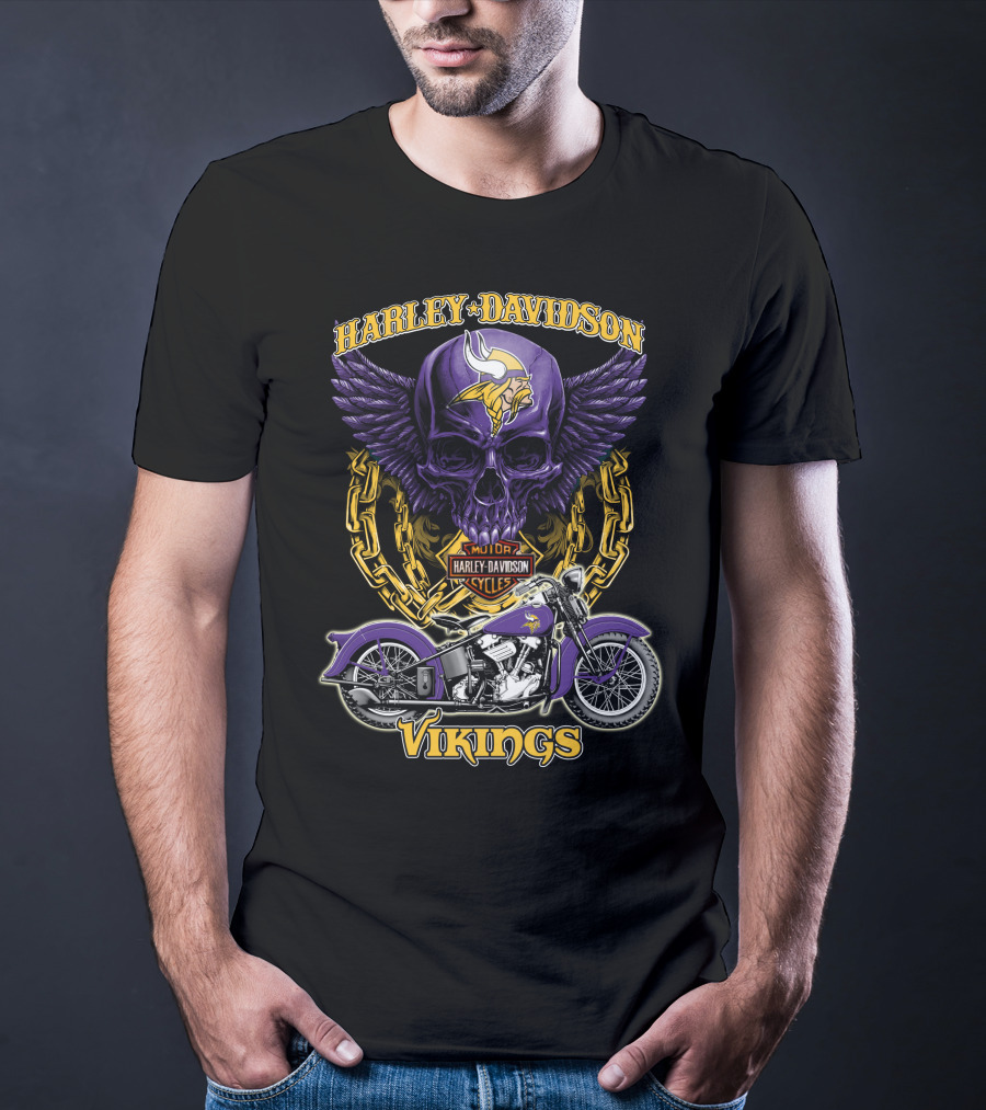 Harley Davidson Minnesota Vikings Nfl Motorcycle Cycles Skull T-Shirt
