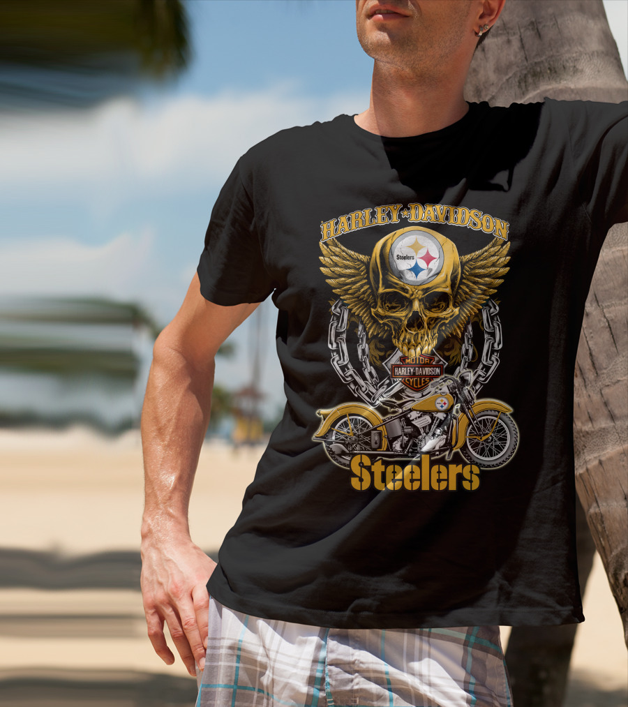 Pittsburgh Steelers Harley Davidson Winged Skull Motorcycle Nfl Hd18 T-Shirt