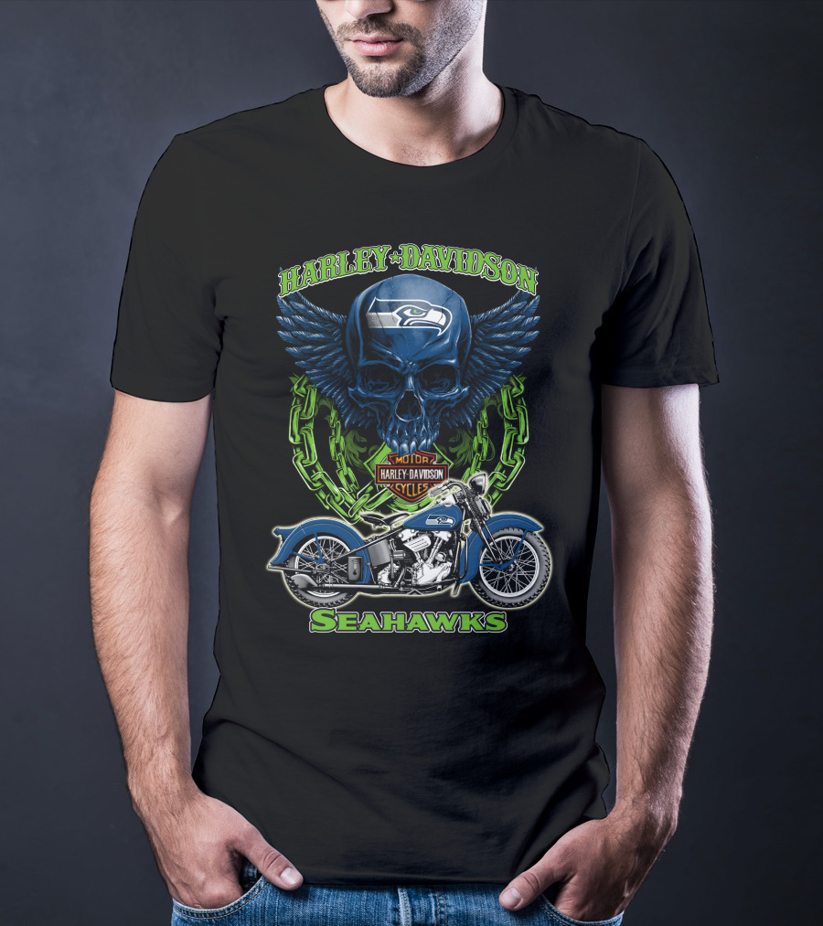 Harley Davidson Motorcycles Skull With Seattle Seahawks Logo And Bike Nfl Hd18 T-Shirt