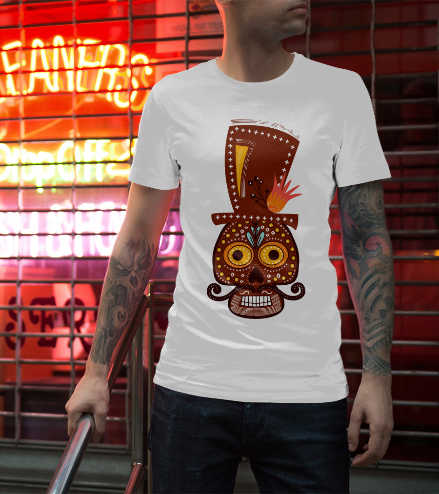 Skull Series 156 Colorful Day Of The Dead Sugar Skull Top Hat Mustache T-Shirt